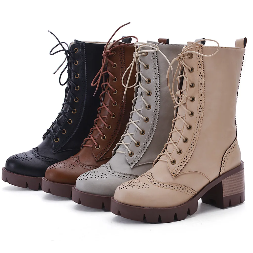 

Fashion Pure Color calf Round Toe Lace-Up Boots Autumn Winter Casual Square root Heels Leather Vintage Winter Boots Women Boots