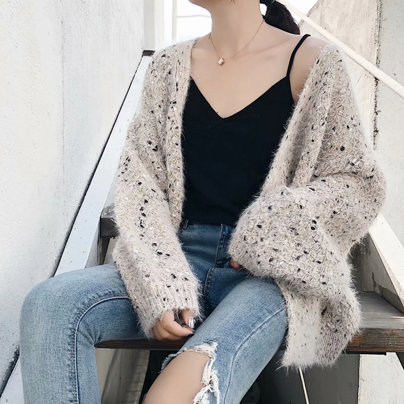 

2018 Autumn New Style Fashion Elegant Versatile Colored Thread Short Version Sweater Loose Casual Coat