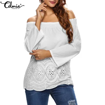 

Celmia 2020 Fashion Women Sexy Off Shoulder Blouses Summer Shirts Long Sleeve Lace Embroidery Casual Tops Loose Blusas Plus Size