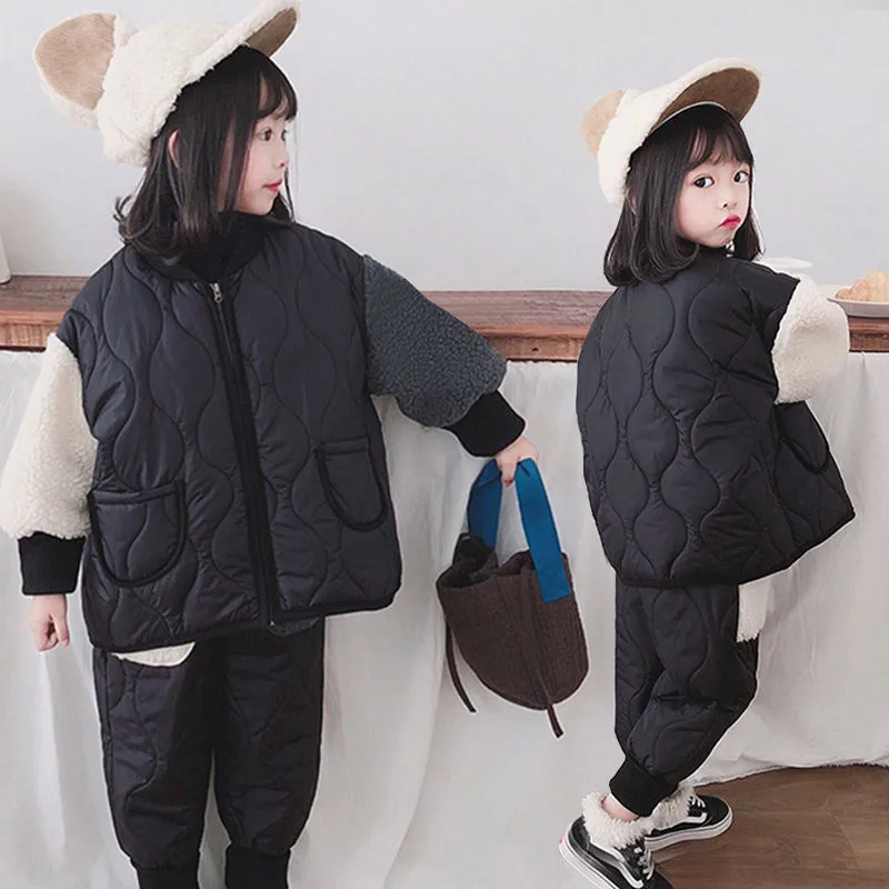 

Spring Winter Girl Jackets Warm Lapel Clothing Kids Teenage Children Tops High Quality Plus Cashmere Cotton Coat + Pants Sets