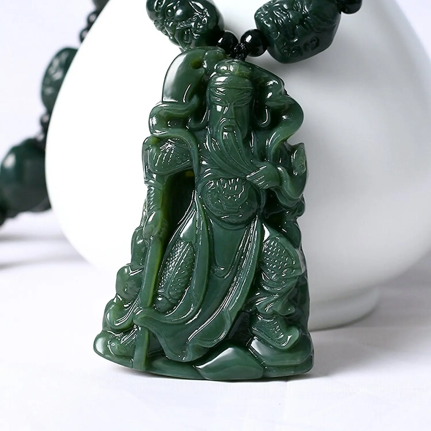 LETSFUN Fine Jewelry натуральный резной зеленый нефрит Wu God of Wealth Guan Yu Eighteen Lohan ожерелье кулон