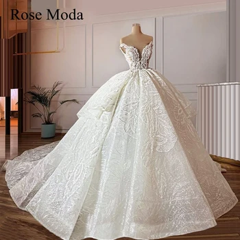 شراءRose Moda فاخر عاري الكتفين الدانتيل فستان الزفاف مع قطار طويل مخصص