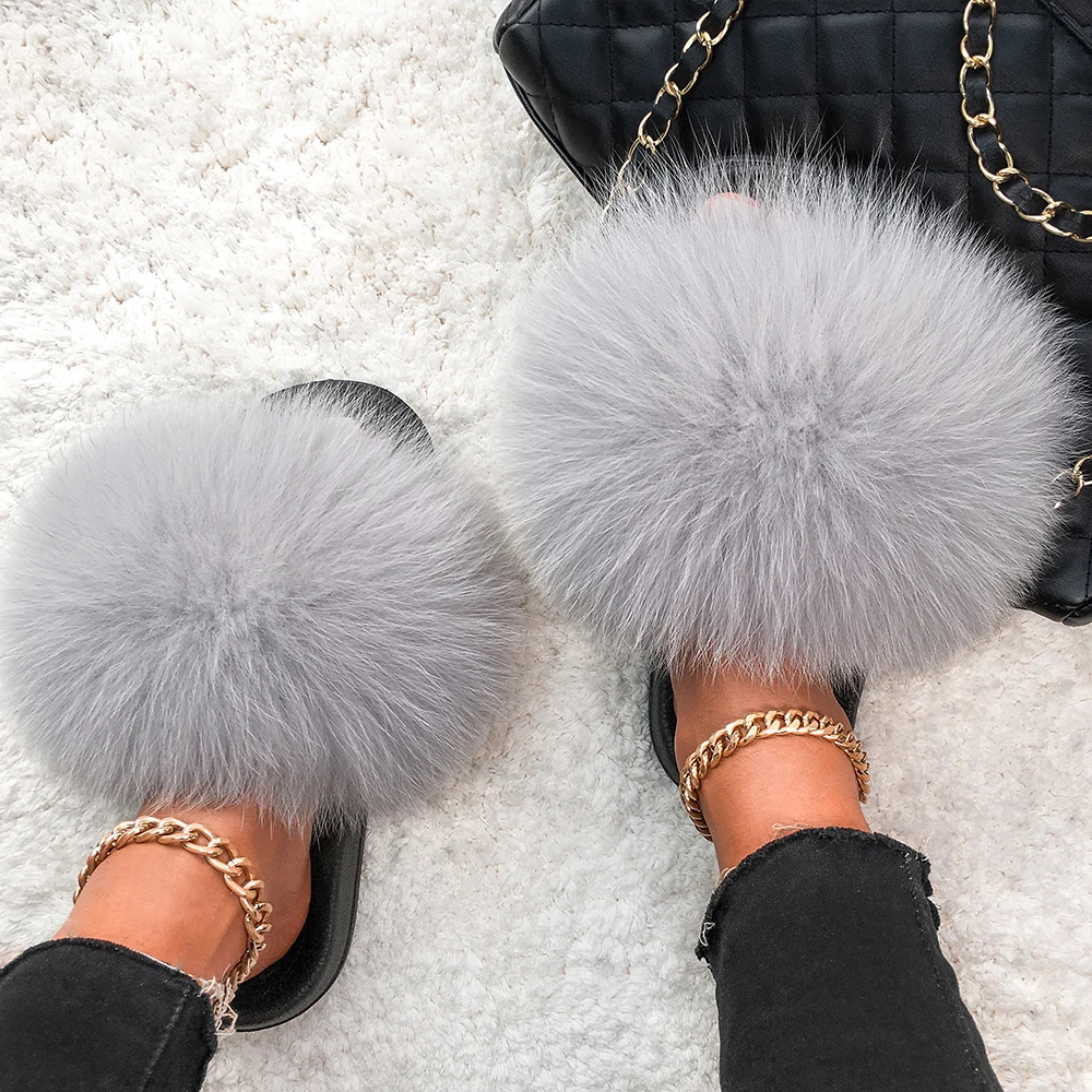 100% Real Fox Fur Slipper Sandal Indoor Outdoor Flat Shoes Slides Black Color 