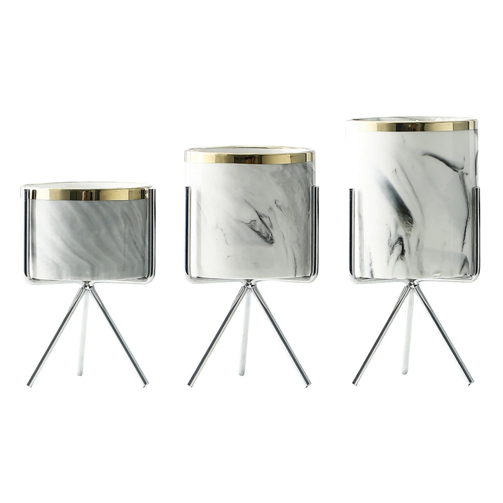 Succulent Plant Pot Marble Pattern Ceramic Succulent Pots with Iron Frame Holder Planters Pot Succulents Flower Indoor Cactus