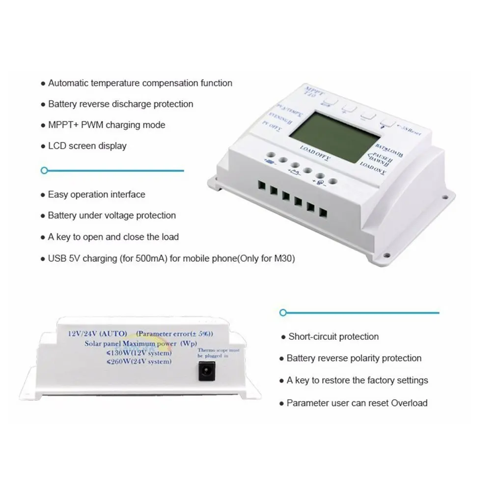 

Inteligent Solar Charge Controller 10A/20A/30A/40A 12V/24V PWM Solar Panel Regulator Charge Controller with LCD Display