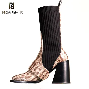 

Women Ankle Boots Genuine Leather Patchwork Sock Shoes Woman High Heel Snake Leather Stretch Elastic Short Boots For Ladies 2020