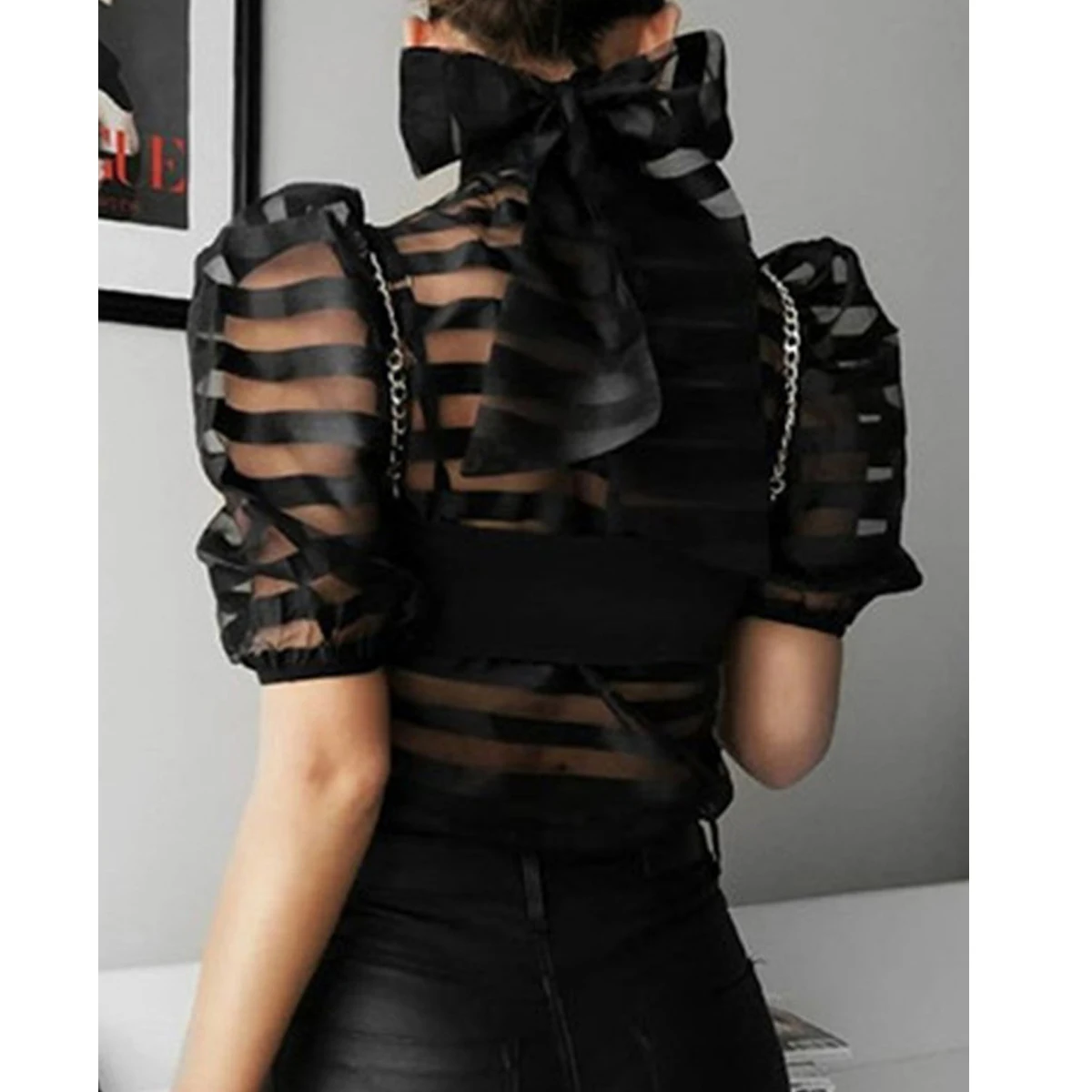 

Sexy Elegant Womens Sheer See-through Striped Back Big Bow knot Short Puff Sleeve High neck Blouse Party Club Evening Top Shirt