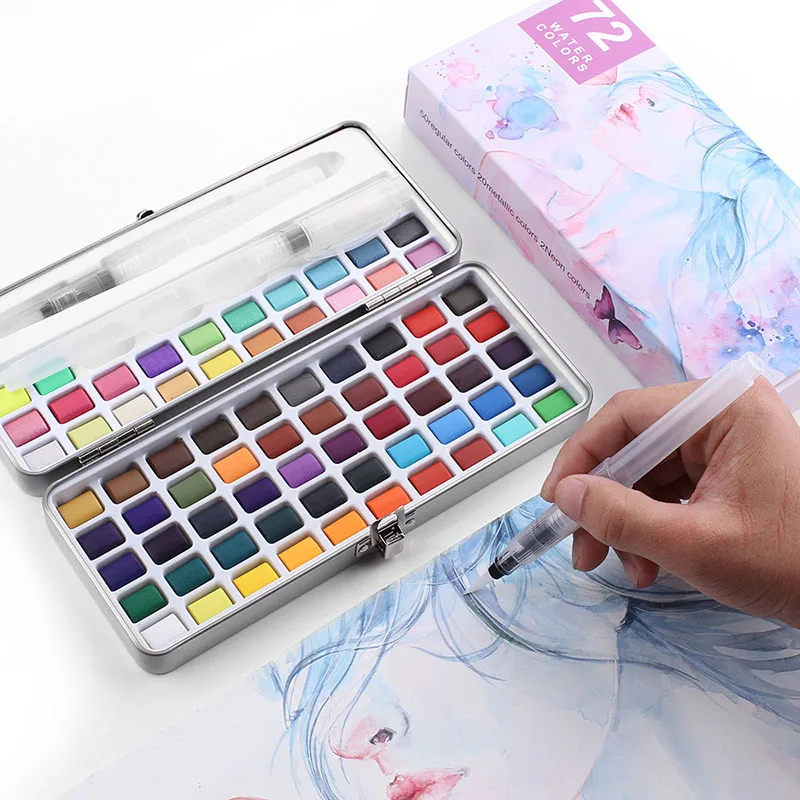 

72 Colors Professional Solid Watercolor Paint Set With Water Brush Portable Box Pigment For Drawing DIY Stationery Art Supply