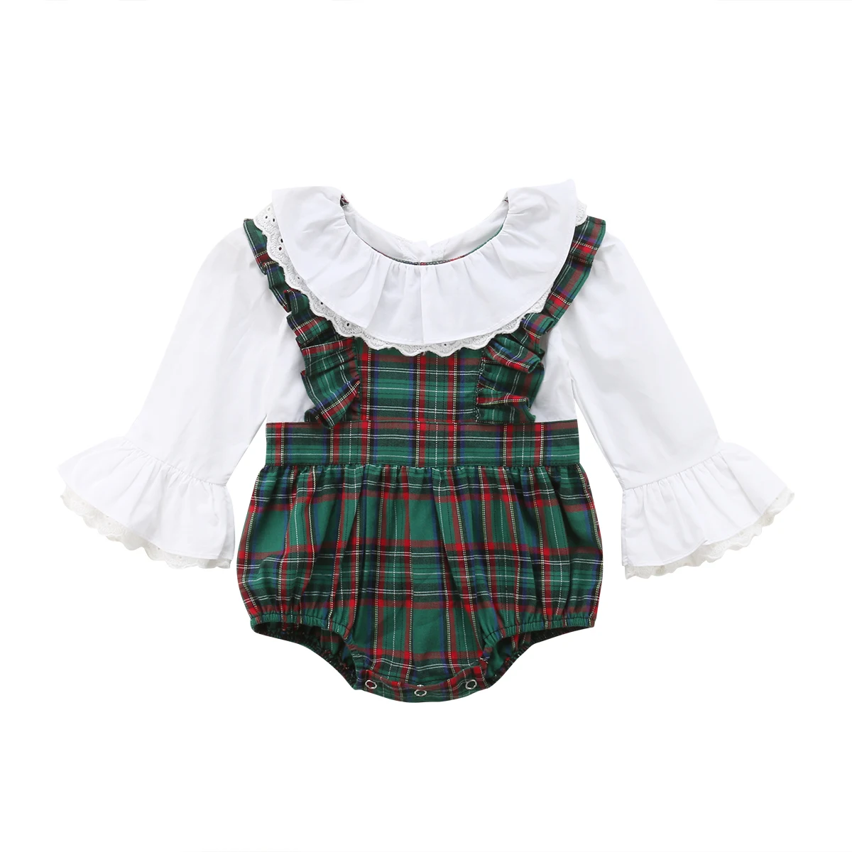 

Newborn Baby Girl Plaid Long Sleeve Lace Bell Ruffle Romper Jumpsuit Outfit Clothes