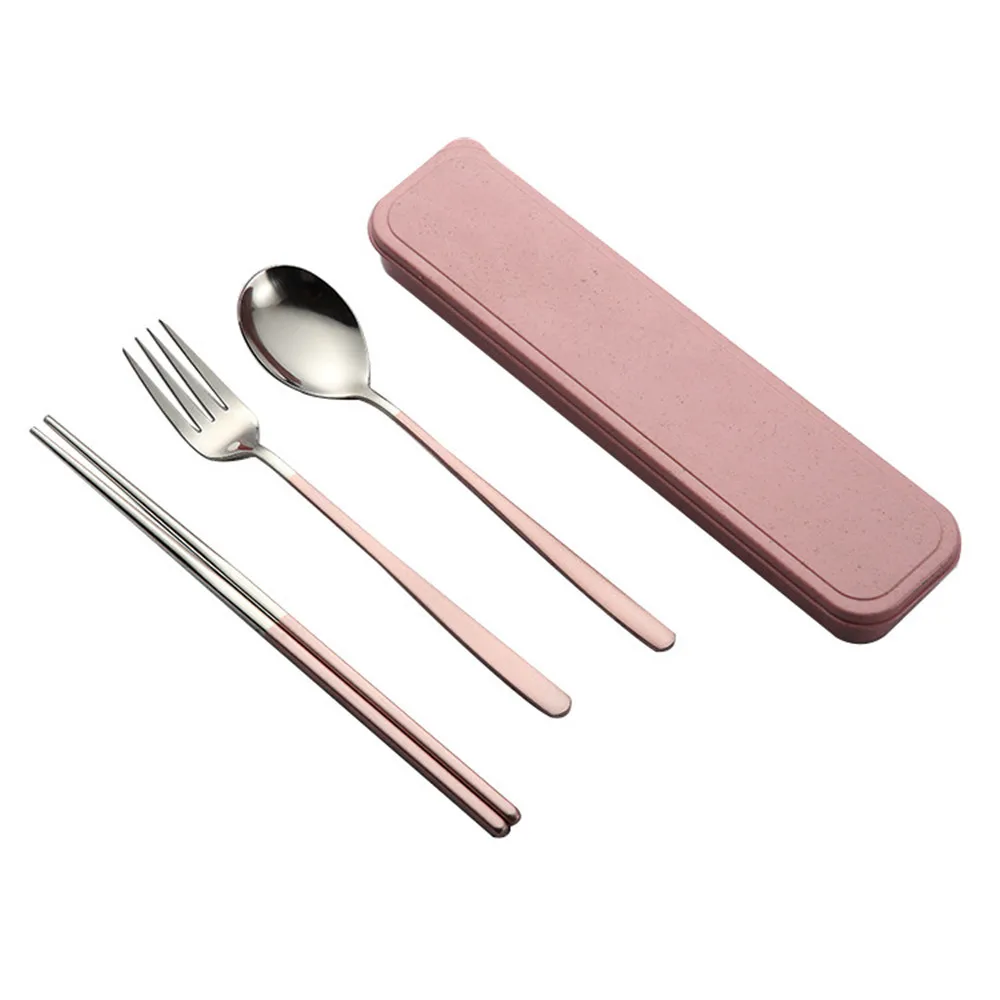 Высокое качество, 3 шт., портативные палочки вилка ложка, нож, набор столовых приборов для путешествий, инструмент для еды, продукт, распродажа, бытовые палилло, чиносы - Цвет: pink