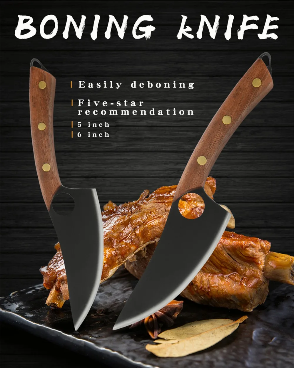 3cr13不锈钢棕色沙比利镂空哑光面5寸小、6寸大剔骨刀 (1)