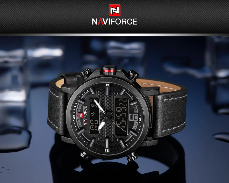 NAVIFORCE, новинка, мужские модные спортивные часы, мужские кожаные водонепроницаемые кварцевые часы, мужские Аналоговые часы с датой, светодиодный