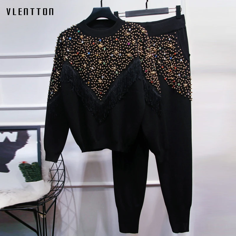 

Quality Diamonds Beading Tassel Knit Two Pieces Set Female Pullover Sweater+Pants Suit Winter Black Casual Sport Tracksuit Woman