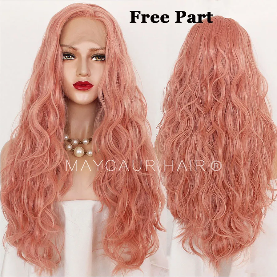 Maycaur Long Pink Color Hair Lace Wigs Loose Wavy Hair Glueless Heat Resistant Synthetic Lace Front Wigs for Black Women (1)