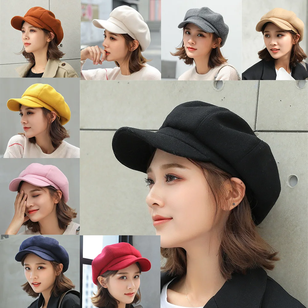 Шерстяной женский берет осень-зима восьмиугольная кепка шляпы стильная художница кепка газетчика Черные Серые шапки-береты милый корейский стиль