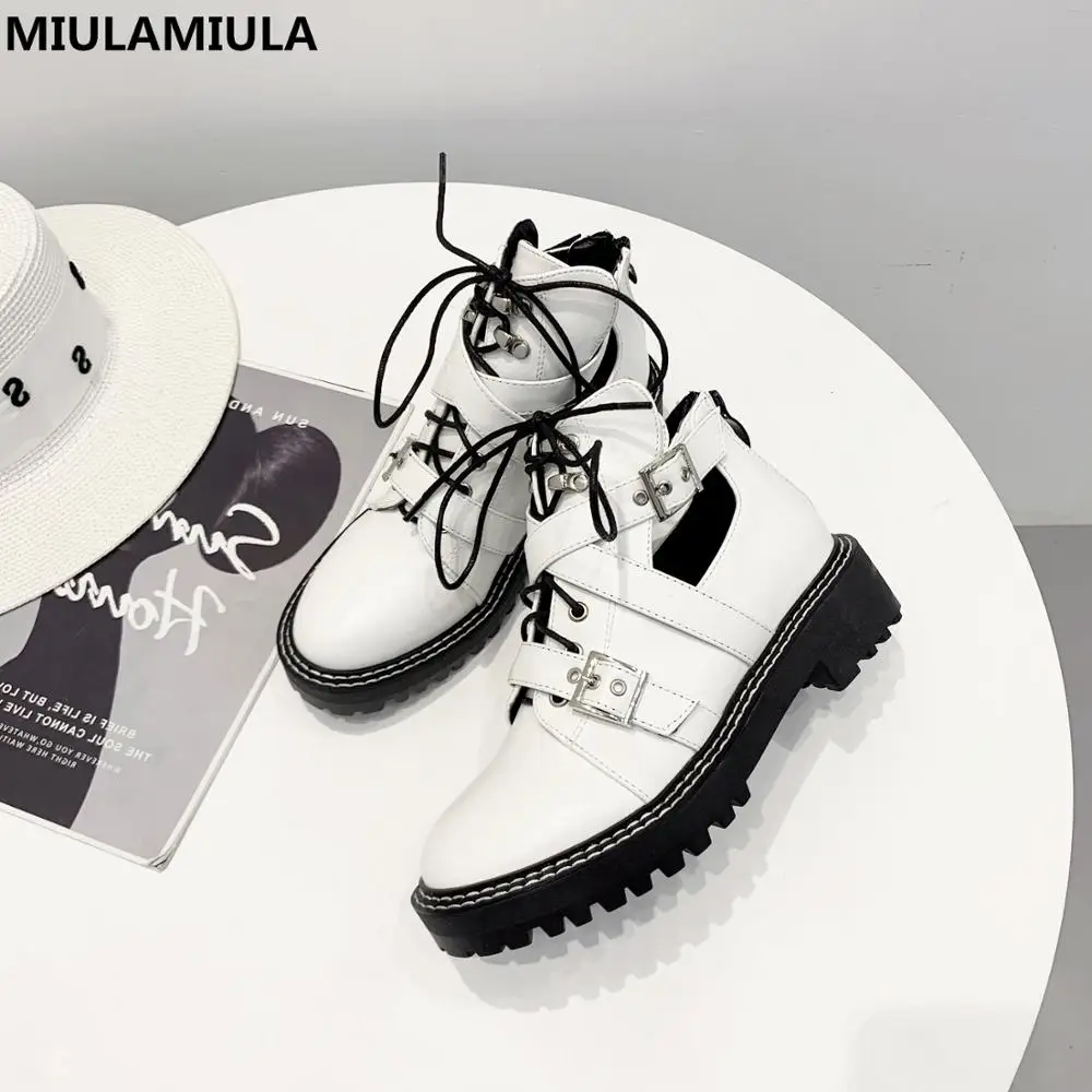 

MIULAMIULA Brand Designers 2019 Winter Fashion Luxury Black White Genuine Leather Belt Hallow Martin Boots Platform Shoes 35-40