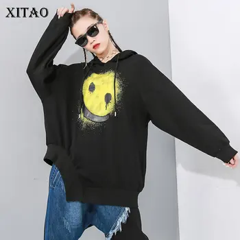 

XITAO Tide Irregular Print Pattern Sweatshirt Women Clothes 2020 Fashion Hoodies Full Sleeve Plus Size Black Top Spring GCC3350