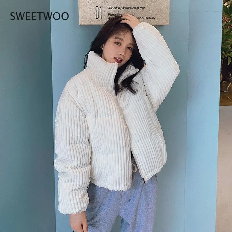 2021 New Winter Corduroy Short Jacket Women Korean Style Thick Zipper Cotton Parkas Woman Stand Collor Warm Outwear Coats Female