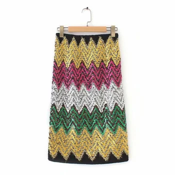 

Luck A 2020 autumnn Sequin sexy straight skirts ladies stripe patchwork skirts Colorful Female Pencil Skirt