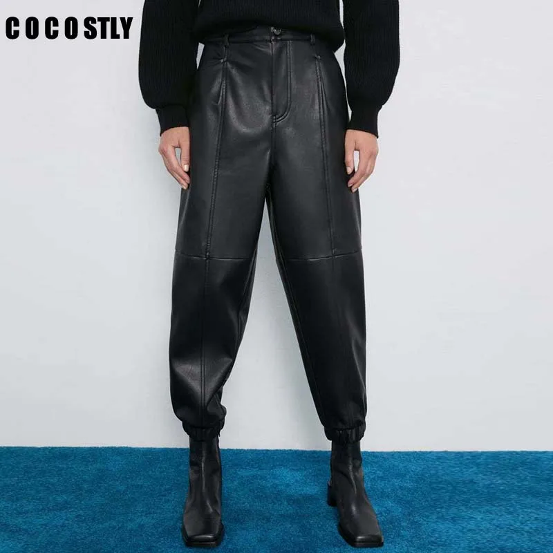 Женские черные брюки из искусственной кожи с высокой талией, женские свободные брюки из искусственной кожи, элегантные брюки-карго с карманами на молнии и кнопках