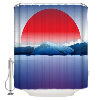 

Sunset Ocean Landscape Illustration Bathroom Curtain Polyester Fabric With 12 Hooks Waterproof Shower Curtain