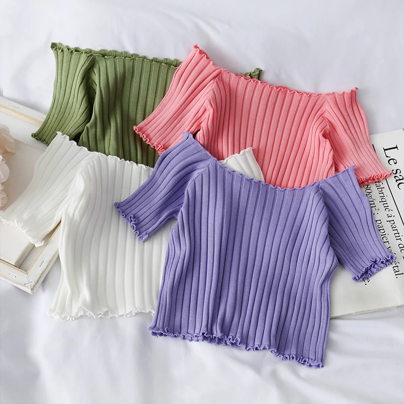 

ZZSYKD Women Sweaters Off Shoulder Knitting Short Sleeve Crop Top Pullover Stretchy Ruffles Hem Sweater Stripes Tops For Women