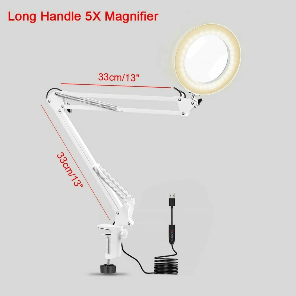 5X Clamp-on Magnifying Glass Lamp USB LED Lamp Magnifier with 3 Modes Dimmable