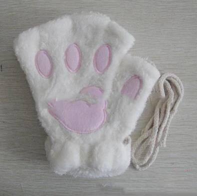 Women Cute Cat Claw Paw Plush Mittens Warm Soft Plush Short Fingerless Fluffy Bear Cat Gloves Costume Half Finger Black Beige - Цвет: E