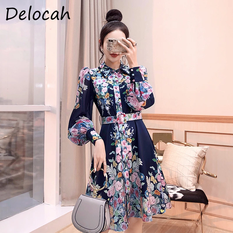 

Delocah Women Fashion Autumn Designer Midi Dress Sashes Lantern Sleeve Floral Print Ladies Shirts Style Bodycon A-Line Dresses