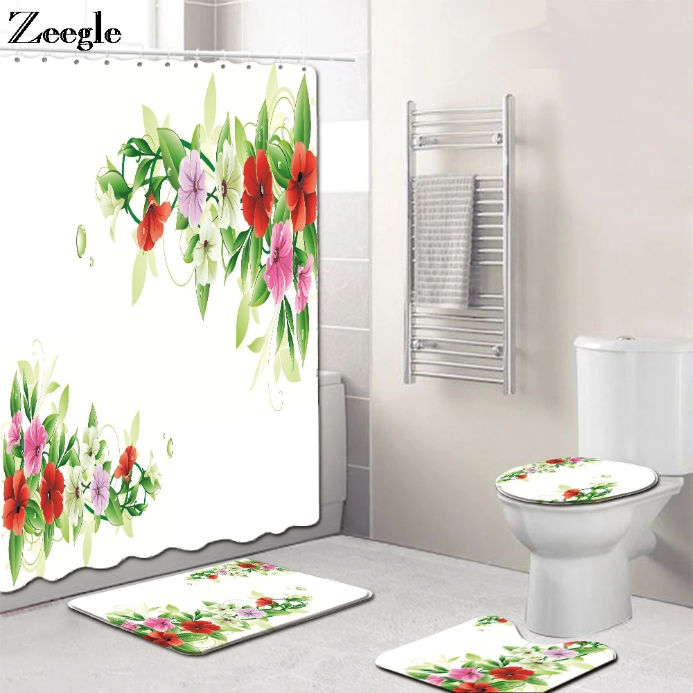 Zeegle 4pcs Baht Mat Set Waterproof Bathroom Curtain Anti Slip Bathroom Toilet Pedestal Rug Foot Mat Flannel Soft Toilet Set