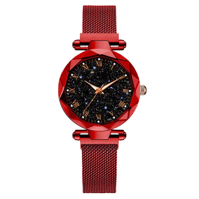 Роскошные женские часы-браслет, набор,, звездное небо, часы, розовое золото, женские магнитные кварцевые наручные часы, водонепроницаемые часы, reloj mujer - Цвет: Красный