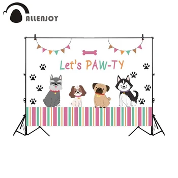 

Allenjoy Dogs Party Backdrops Mexican Lottery Footprints Let's Party Phrase Paw Colorful Striped Photocall Photo Zone Decoration