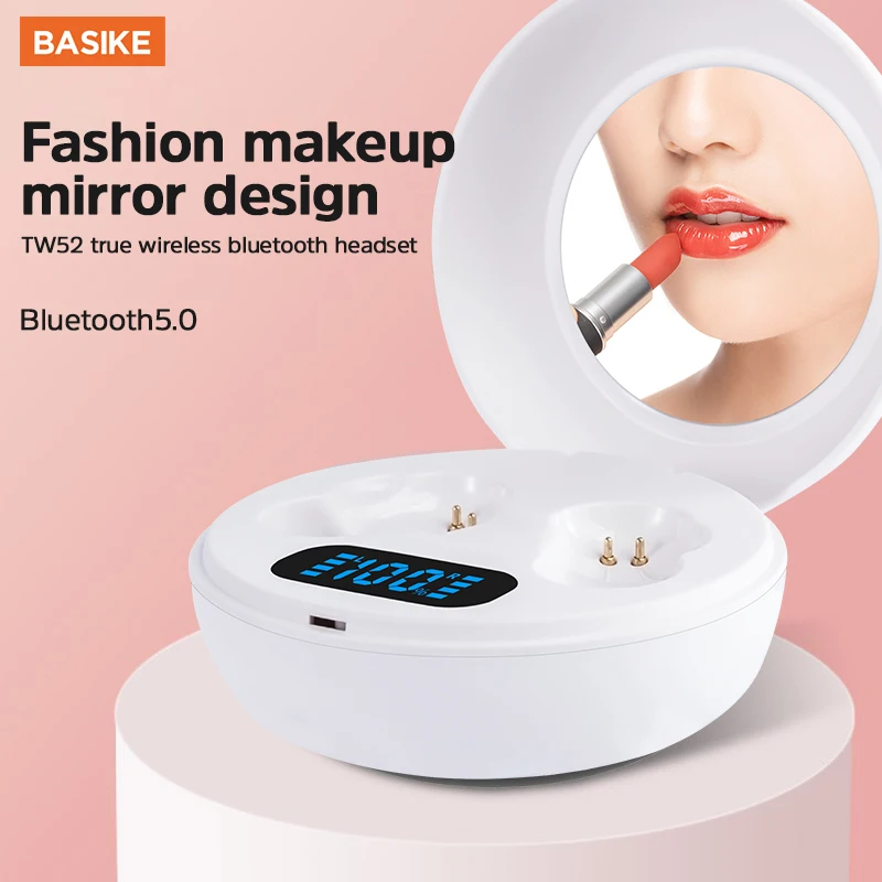 BASIKE TWS Wireless Bluetooth Earphone With Mic HIFI Sports Running Waterproof Headsets With Makeup Mirror Stereo Headphones