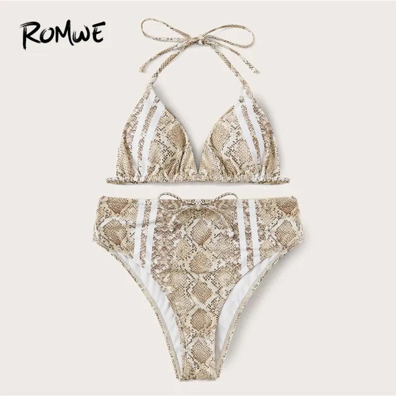 Romwe Sporty Snakeskin Halter Bikini Top With High Waist Bikini Set Women Beach Summer Bathing Suit Ladies Sexy Swimsuit