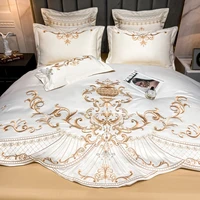 Ensemble de literie de luxe en Satin de coton délavé, broderie or Royal, blanc perle, housse de couette, drap plat/housse, taies d'oreiller, Textiles de maison 3