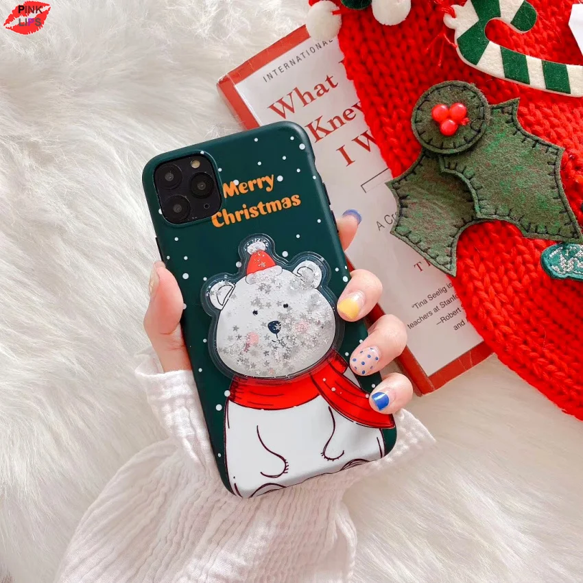 Glitter Christmas Deer Bear Phone Case For iPhone XR 11 Pro XS Max X 8 7 6 6s Plus Dynamic Liquid Quicksand Bling Sequins Cover (14)