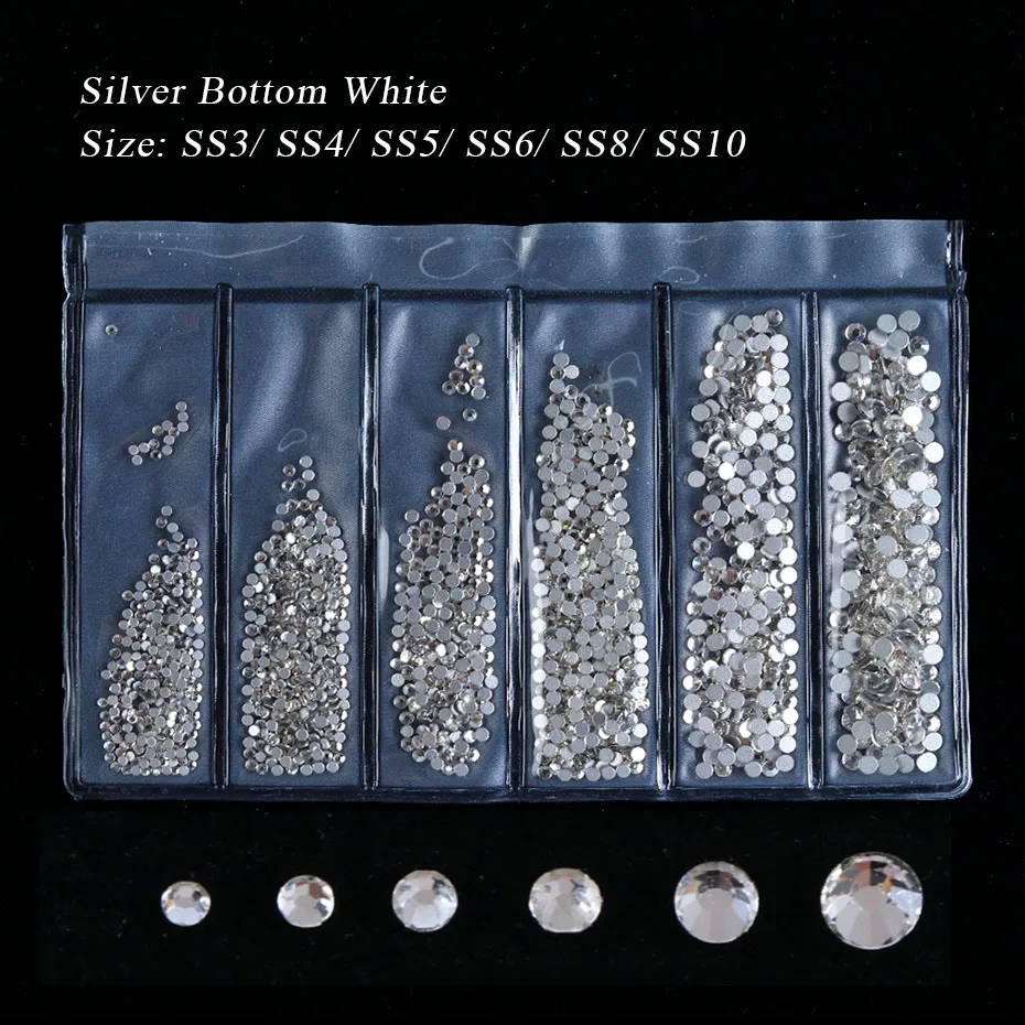 White Silver Base 1440 шт белые стразы для дизайна ногтей с плоской задней стороной, красные, серебристые, золотые базовые кристаллы для ногтей, SS3-10 стразы, украшения для маникюра BE1049 - Цвет: White Silver Base