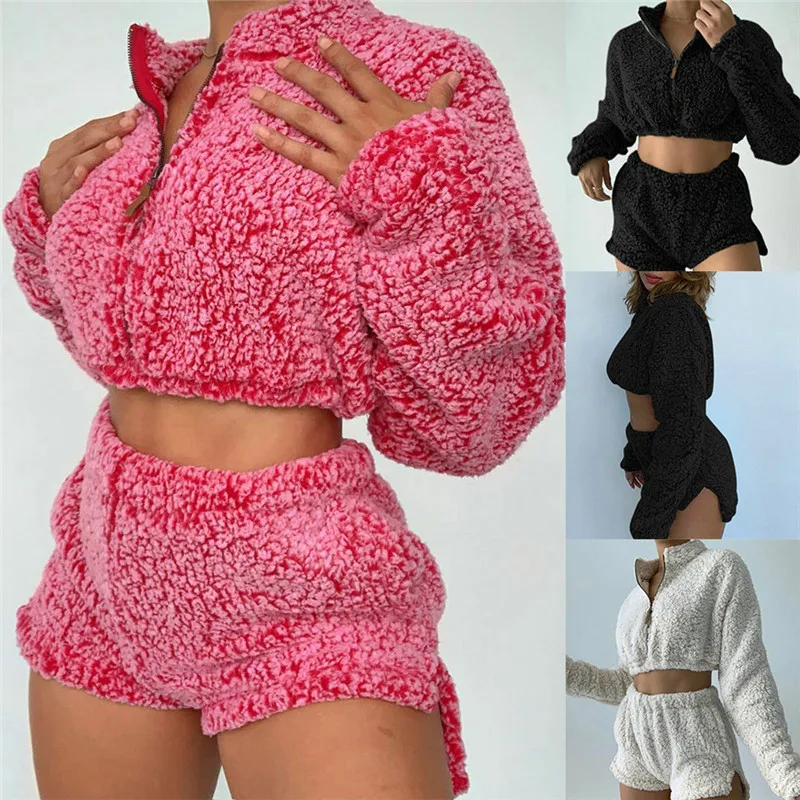 

Women's 2Pcs Set Warm Fur Outfits Solid Long Sleeve Sweatshirt High Collar Zip Up Crop Tops High Waist Shorts Pants