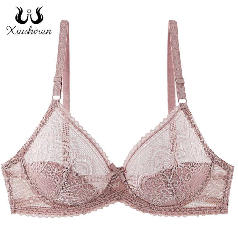 Xiushiren Thin Cup Lace Bras for Women Underwired Little Cotton Padded Bra Deep V Sexy Brassiere for Small Chest 75 80 85