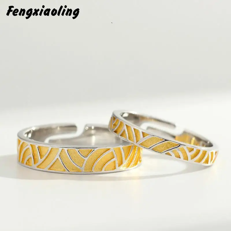 

Fengxiaoling 100% Genuine 925 Sterling Silver Simple Yellow Drop Glaze Lines Wedding Bands Couple Ring Cute Fine Jewelry 2020