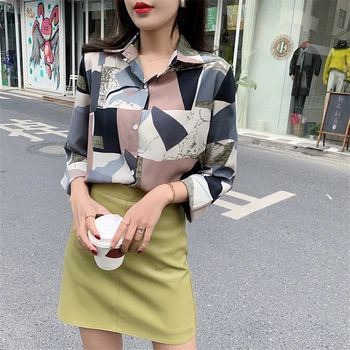 

Patchwork Casual Women Blouses Print Geometricl Turn-down Collar Blouses Ladies Chiffon Summer Long Sleeves Shirts Blusas Mujer