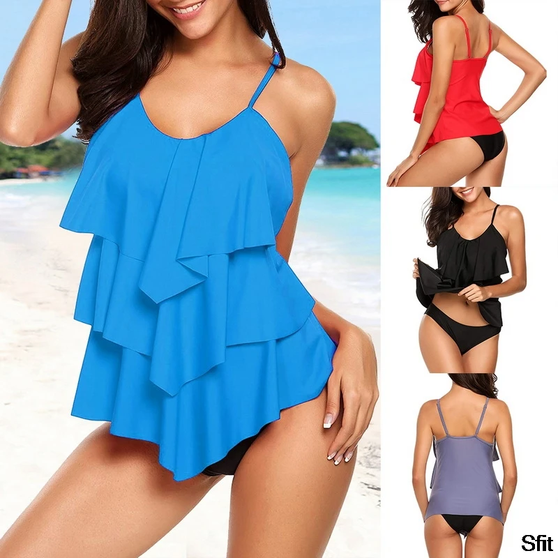 

Women's Ruffled Swimwear Multilayer Solid Color Bikini Set High Waist Swimsuit Retro Bathing Suits Plus Size Swimwear