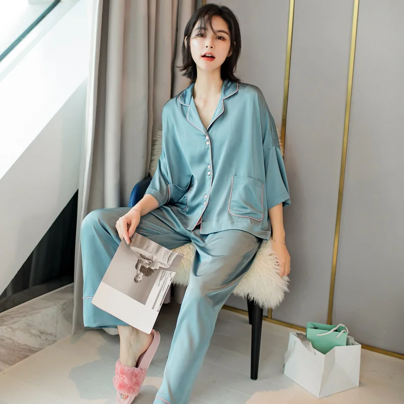 

Smmoloa 2019 Autumn Women Pajama Set Long Sleeves Pijama Nature Silk Pajamas