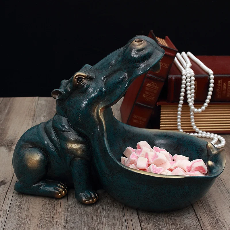 Resin Hippo Statue Hippopotamus Sculpture Figurine Key Candy Container Deco