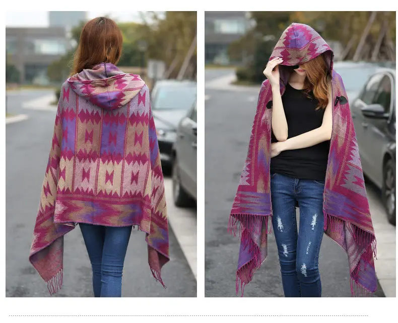 Boho Ethnic Style Hooded Shawl Autumn And Winter Christmas Novelty Horns Buckle Ethnic Style Hooded Cape Shawl Scarf