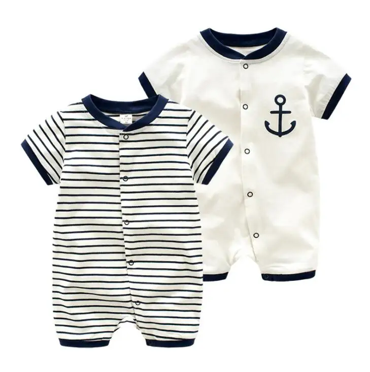 Baby Bodysuits medium New Fashion Summer Newborn Navy Style Baby Romper Kids Boys Girls Sailor Jumpsuit+Hat 2Pcs Body Short-sleeve Anchor Printed Suit Newborn Knitting Romper Hooded 