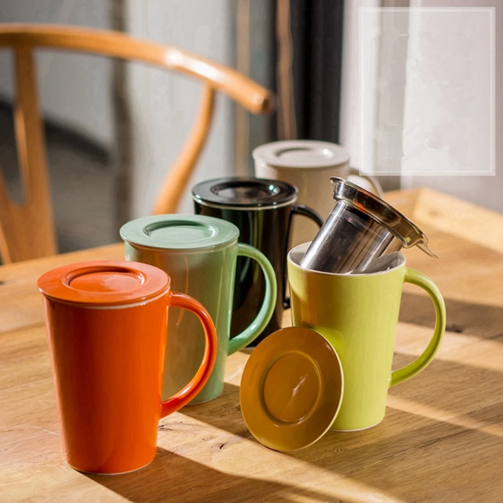 Fashion Coffee Mug Brief Solid Color Tea Mug With Lid Tea Infuser Strainer Ceramic Mugs Water