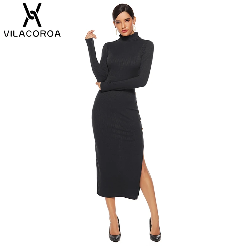 Women's Large Size Long Dress Turtleneck Long Sleeve High Waist Split Fork Asymmetric Dress OL Commuter Ladies Dress Vestito