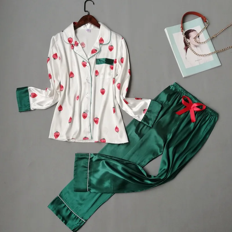 

Cute Sleepwear Women Silk Pajamas for Women Korean 2 Piece Pyjama Set Print Homewear Women Loungewear Home Clothes Satin Pijama