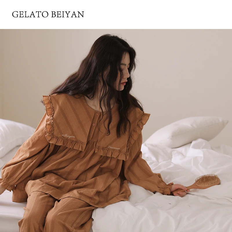 Spring and Autumn Women's Cotton Pajamas Cute Casual Woven Cotton Long-Sleeve Suit Loose Large Size Women's Home Wear